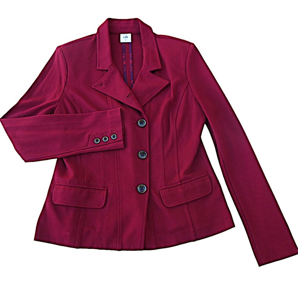 CAbi Blazer Jacket Stretchy Knit Aysm Button Front Flap Pockets Unlined Sporty 8